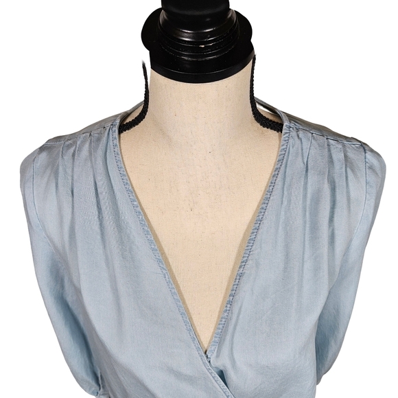 Vince Camuto Lighweight Denim, Wrap Front Blouse, Light Blue, Size Small - Picture 2 of 14